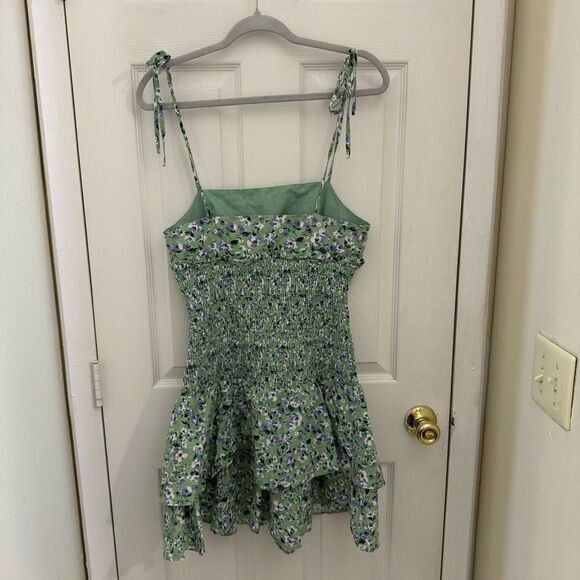 English Factory Floral Smocked Mini Dress Size Small Green Purple Tie Strap - Picture 2 of 7